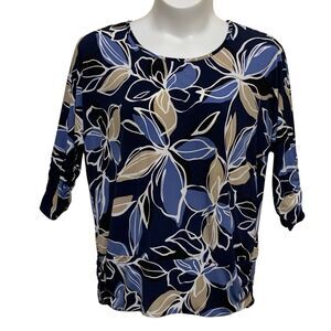 JM Collection Blouse Top Womens Size 0X Blue Tan Floral Dolman Ruched Sleeves